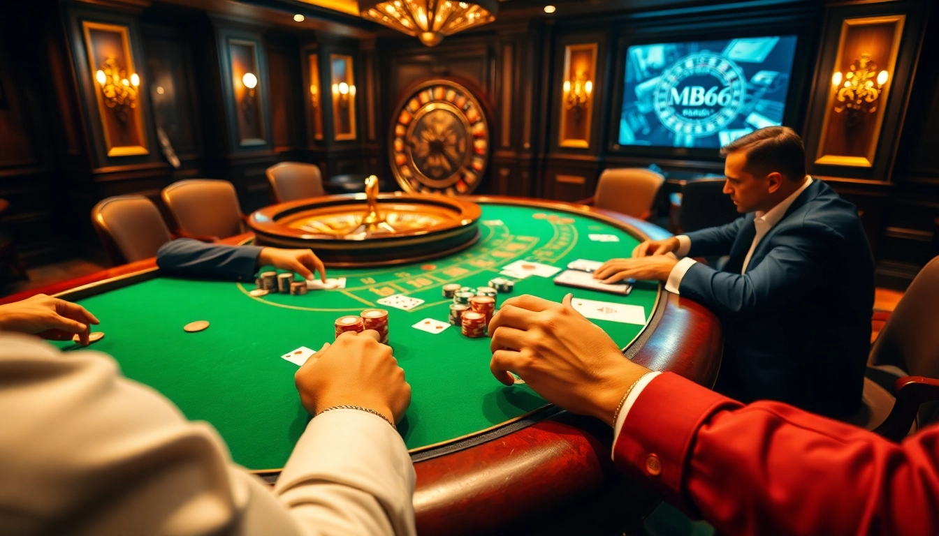 Players strategizing in a luxurious casino poker game with MB66 branded elements.