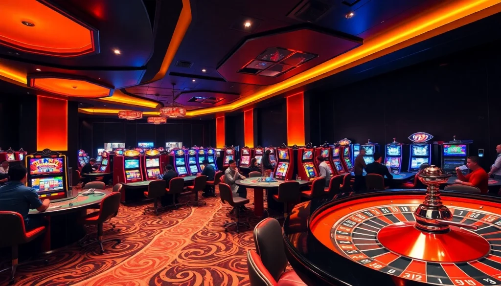 Experience the excitement of 13win at a vibrant casino featuring modern gaming tables and players engaged.