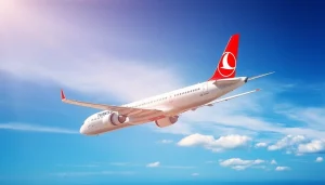 Turkish Airlines tk88 in flight over the Istanbul skyline.
