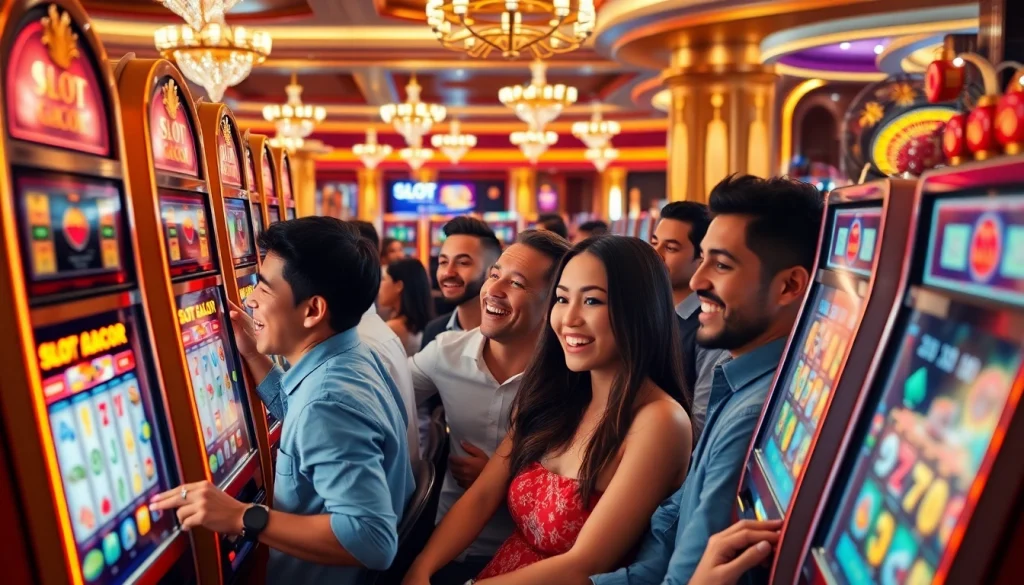 Players celebrating wins on slot gacor machines in a vibrant casino atmosphere.