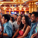 Players celebrating wins on slot gacor machines in a vibrant casino atmosphere.