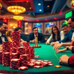 Engaged players at a debet-themed casino table stacked with colorful poker chips.