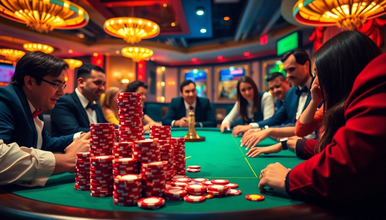 Engaged players at a debet-themed casino table stacked with colorful poker chips.