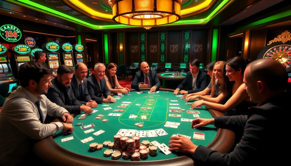 Excited players at a TG 88 poker table showcasing high-stakes action in a luxurious casino.