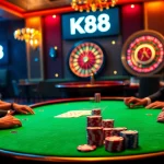 Players enjoying high-stakes poker at K88 casino with luxurious atmosphere and vibrant decor.