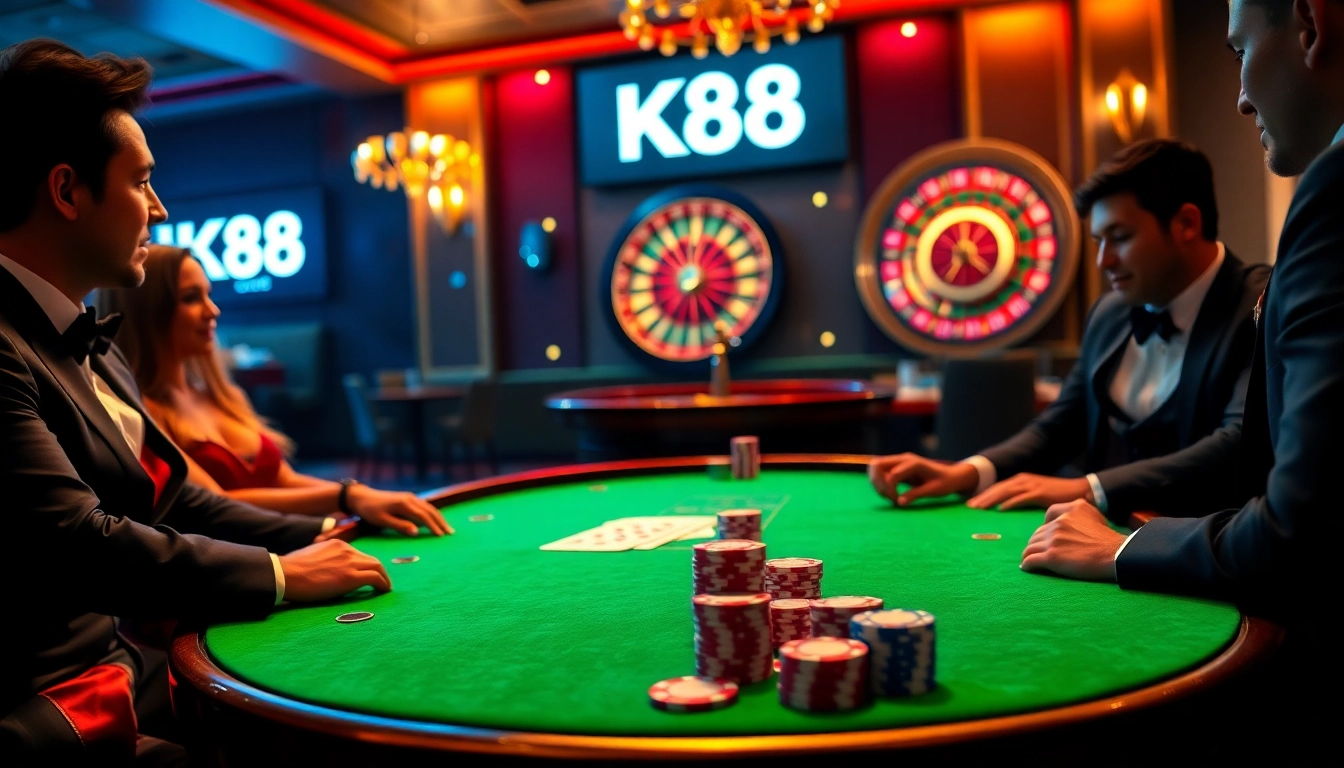Players enjoying high-stakes poker at K88 casino with luxurious atmosphere and vibrant decor.