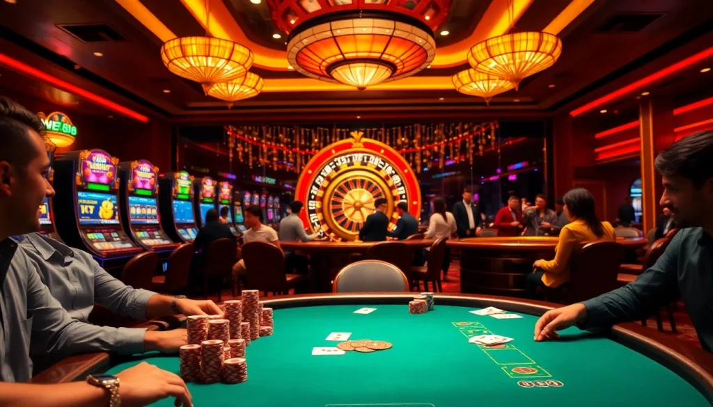 Players enjoying poker and slots at NEW88 online casino, spotlighting excitement and luxury.