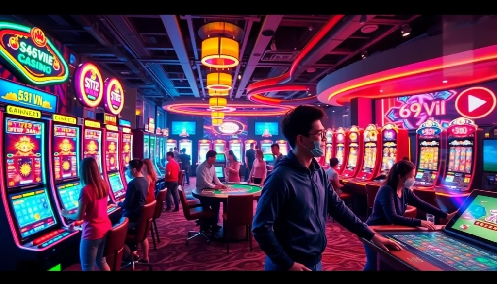 Dynamic online casino scene with vibrant slot machines and players enjoying 69 VN platform.