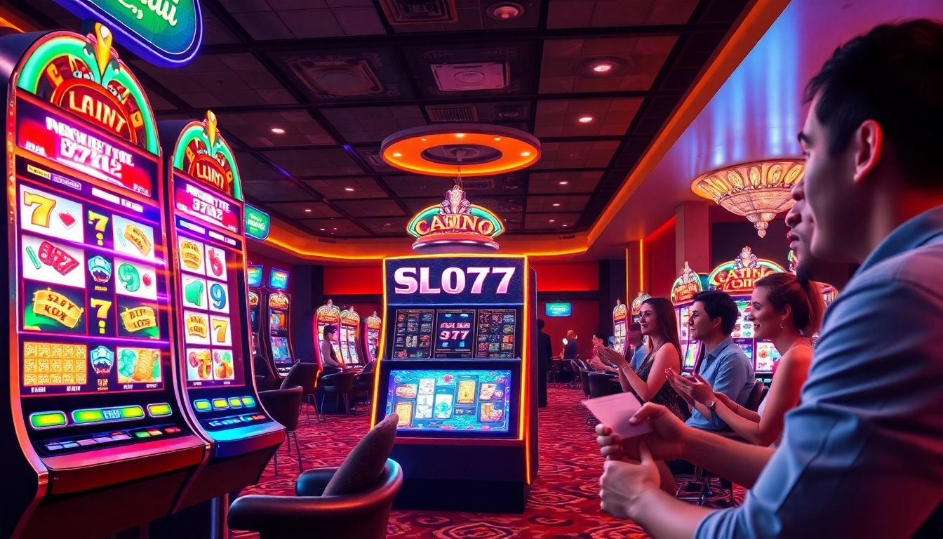 Players engaging with slot777 machines in an exciting, vibrant casino environment.