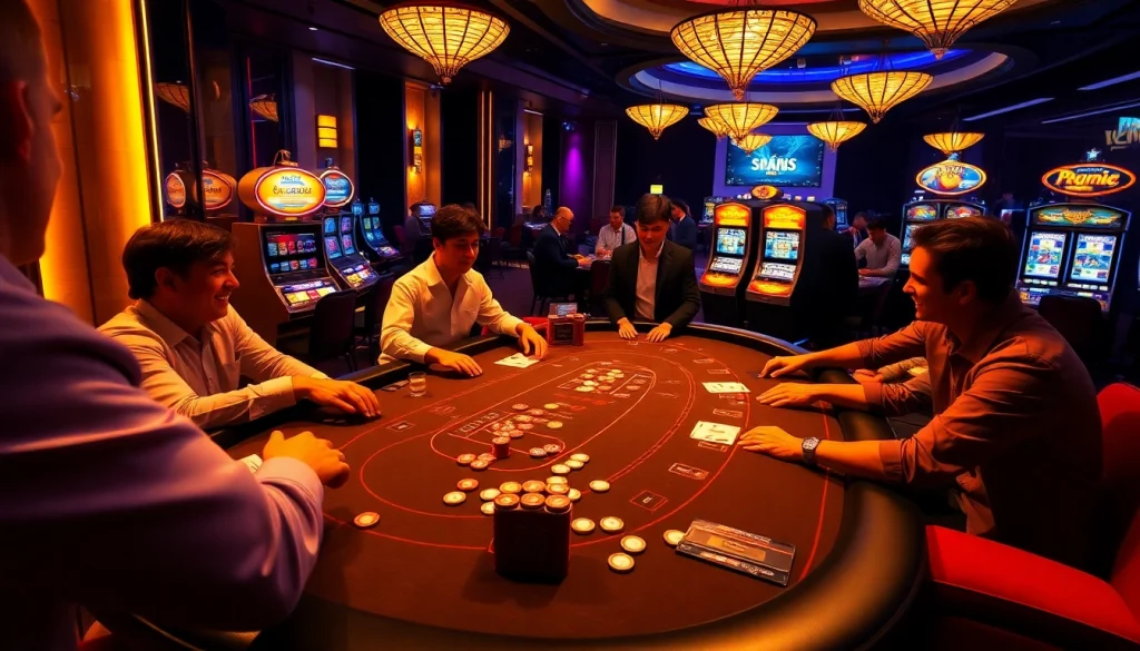 Players engaging in an exciting round at the MM OO casino table filled with chips and cards.