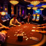 Players engaging in an exciting round at the MM OO casino table filled with chips and cards.