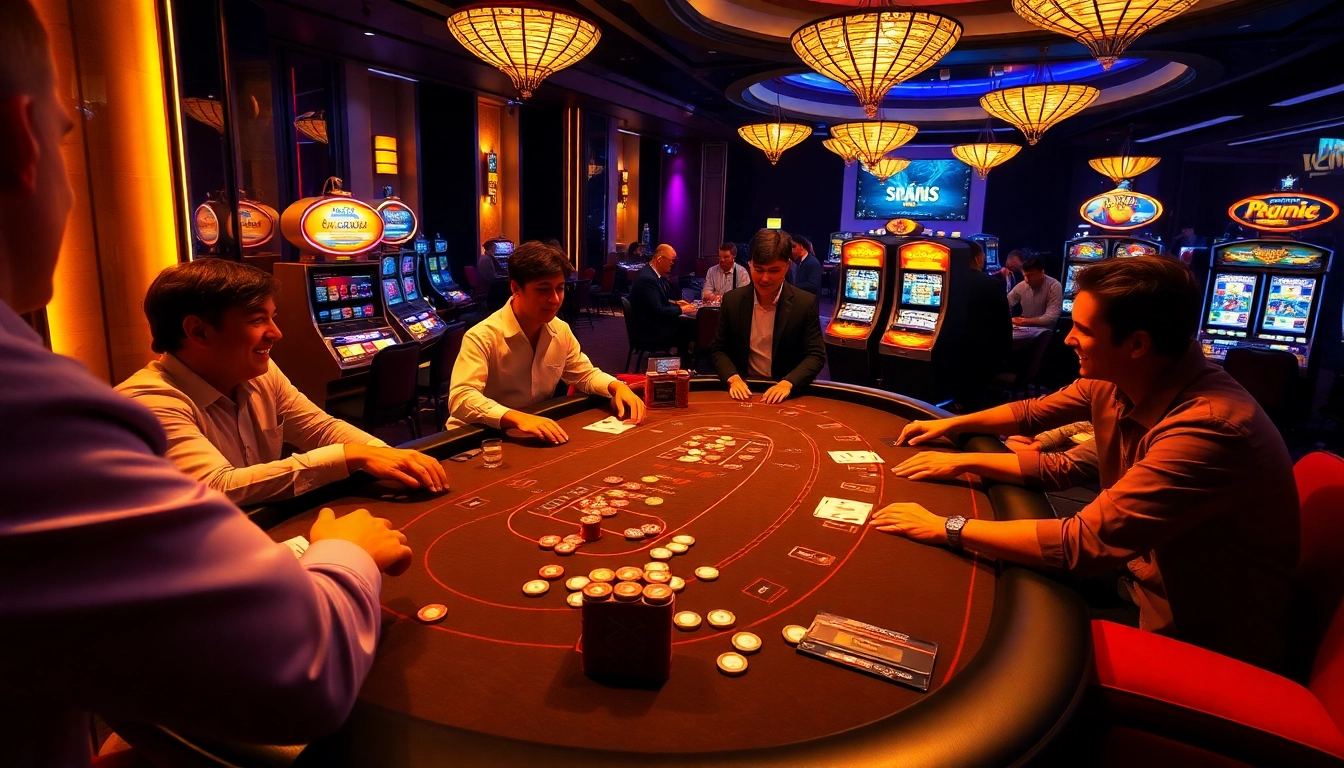 Players engaging in an exciting round at the MM OO casino table filled with chips and cards.
