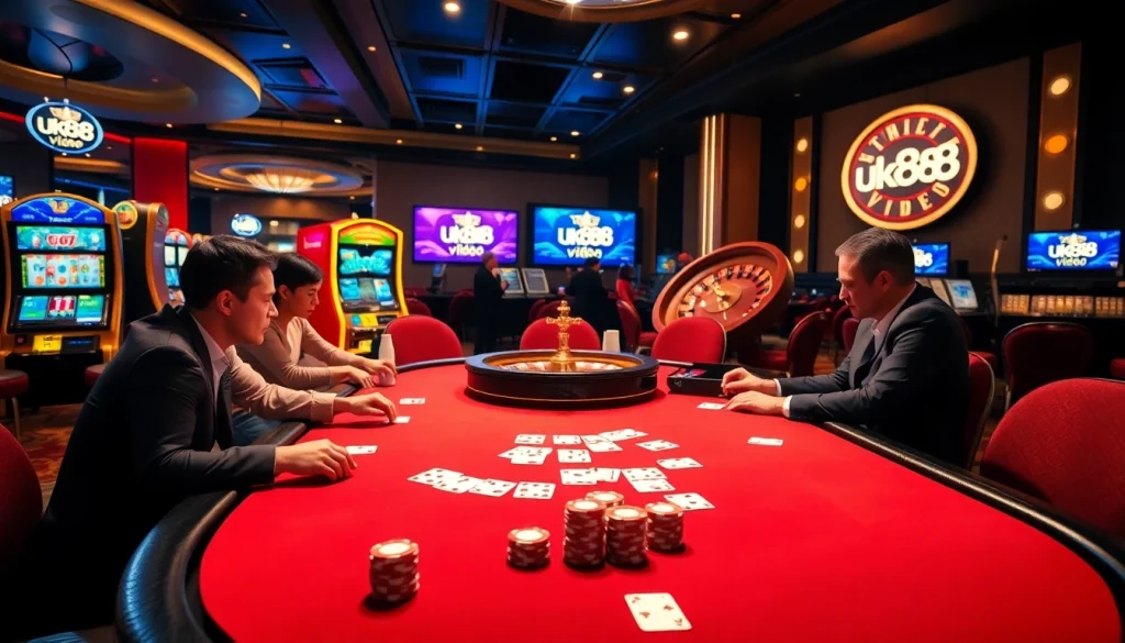 Experience the thrill of online gambling at uk88 video, featuring an intense poker game in a luxurious casino setting.