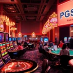 Experience the excitement of PGSLOT in a luxurious casino setting full of action and vibrant lights.
