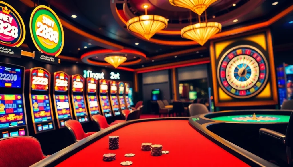 Exciting gaming at 28bet with vibrant slot machines and poker tables.