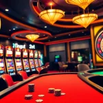 Exciting gaming at 28bet with vibrant slot machines and poker tables.