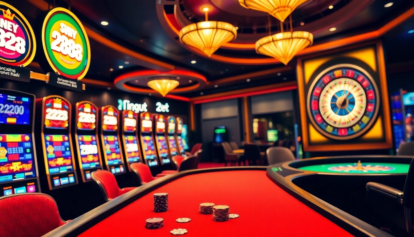 Exciting gaming at 28bet with vibrant slot machines and poker tables.