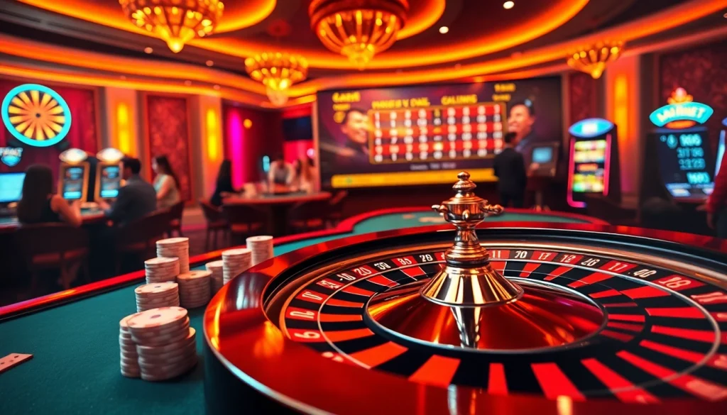 Excited players engaging in a vibrant online casino atmosphere at https://f8bet.net.in/ with roulette and poker.