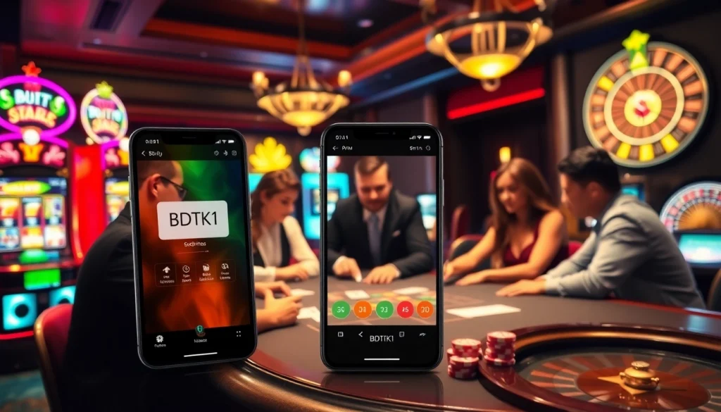 Players engaged in a thrilling BDTK1 poker game at a vibrant casino, surrounded by slot machines.