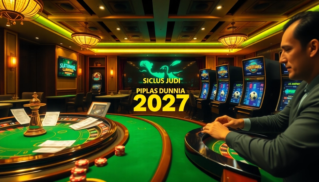 Situs Judi Bola Piala Dunia 2027 in a vibrant casino environment with poker tables and betting slips