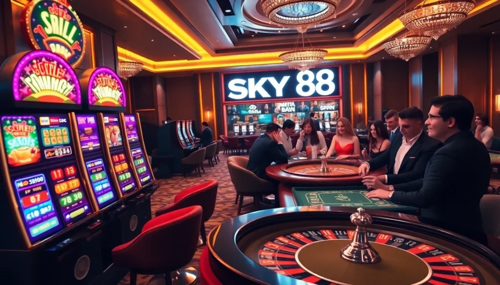 Experience the thrill of SKY88 with engaging players at a luxury casino setting.