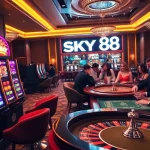 Experience the thrill of SKY88 with engaging players at a luxury casino setting.