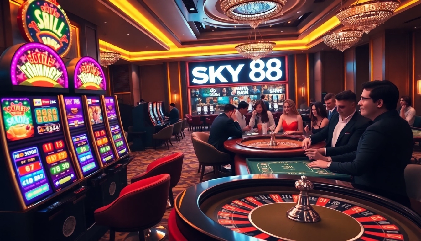 Experience the thrill of SKY88 with engaging players at a luxury casino setting.