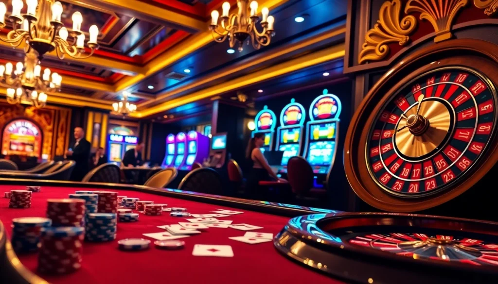 Engaged gamblers explore Kqxs outcomes at a vibrant casino featuring dice, chips, and cards.