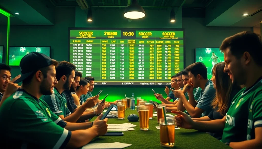 Exciting keonhacai betting scene with fans analyzing live soccer odds.