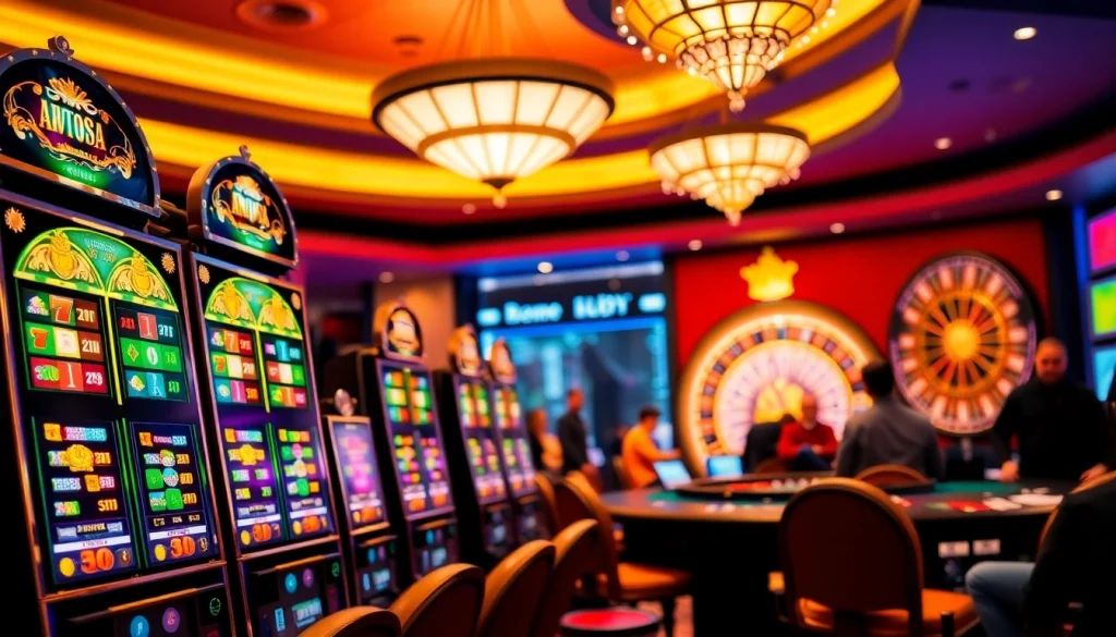 Mesin slot yang menarik dan chip poker berwarna cerah di kasino mewah.