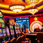 Mesin slot yang menarik dan chip poker berwarna cerah di kasino mewah.