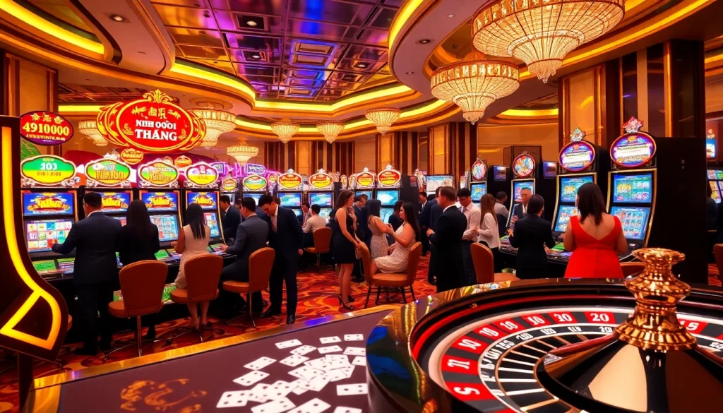 Nổ Hũ Đổi Thưởng slot machines in a vibrant casino environment with players enjoying gaming.