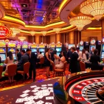 Nổ Hũ Đổi Thưởng slot machines in a vibrant casino environment with players enjoying gaming.