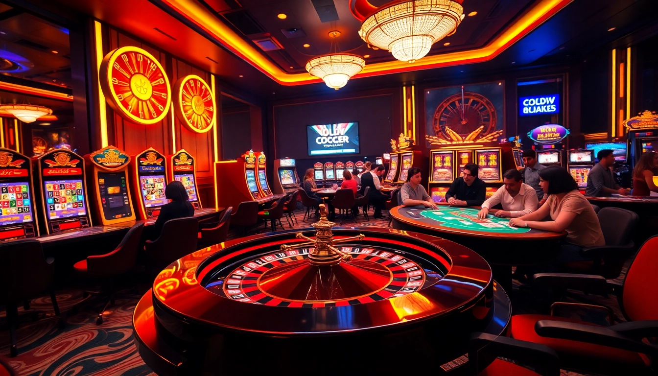 Exciting casino scene showcasing roulette and poker at https://luck882.co.com/, highlighting vibrant games and enthusiastic players.