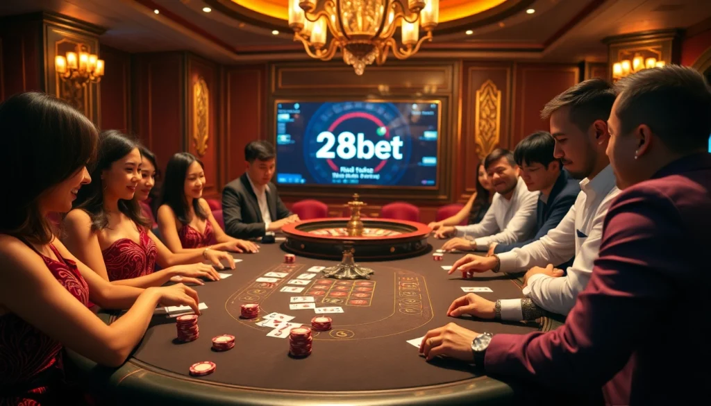 Players enjoying a thrilling game at the nhà cái 28bet blackjack table in a luxurious casino.