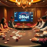 Players enjoying a thrilling game at the nhà cái 28bet blackjack table in a luxurious casino.