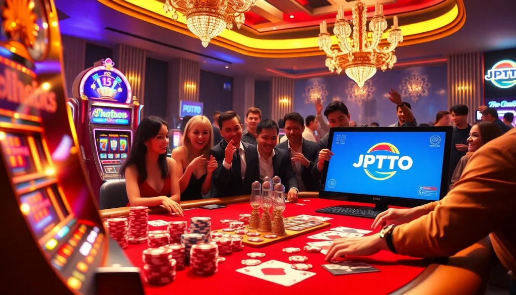 Pemain yang bersemangat di meja kasino menampilkan pengalaman permainan online JPTOTO.