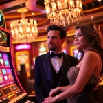 Players enjoying the RTP Slot machine in a glamorous casino setting, highlighting excitement and thrill.
