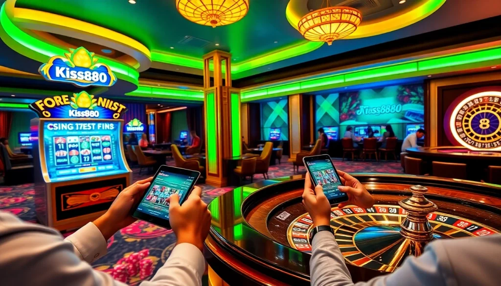 Engaged players enjoy thrilling games at kiss888 online casino with vibrant slot machines and poker tables.