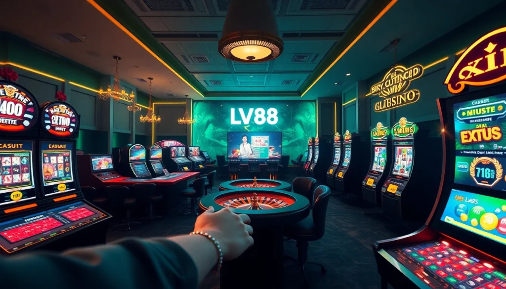 Engaging online gaming atmosphere at LV88 casino featuring vibrant slot machines and games.