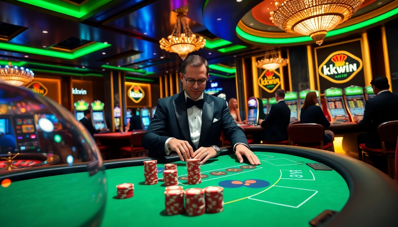 Kkwin casino scene with vibrant tables, poker chips, and a luxurious atmosphere.