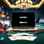 Simplified gambling interface showcasing sbobet login indonesia on a luxurious laptop atop a casino table.
