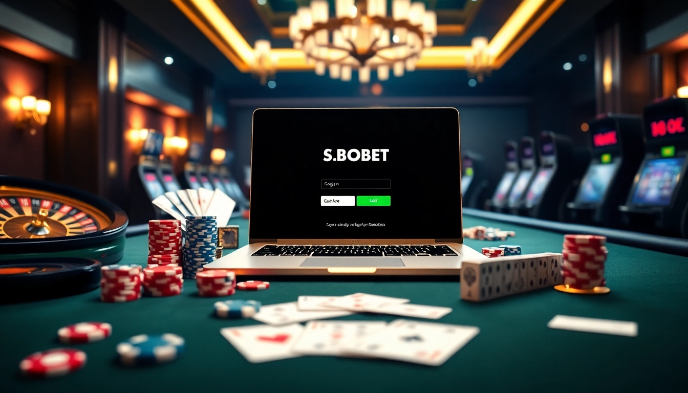 Simplified gambling interface showcasing sbobet login indonesia on a luxurious laptop atop a casino table.