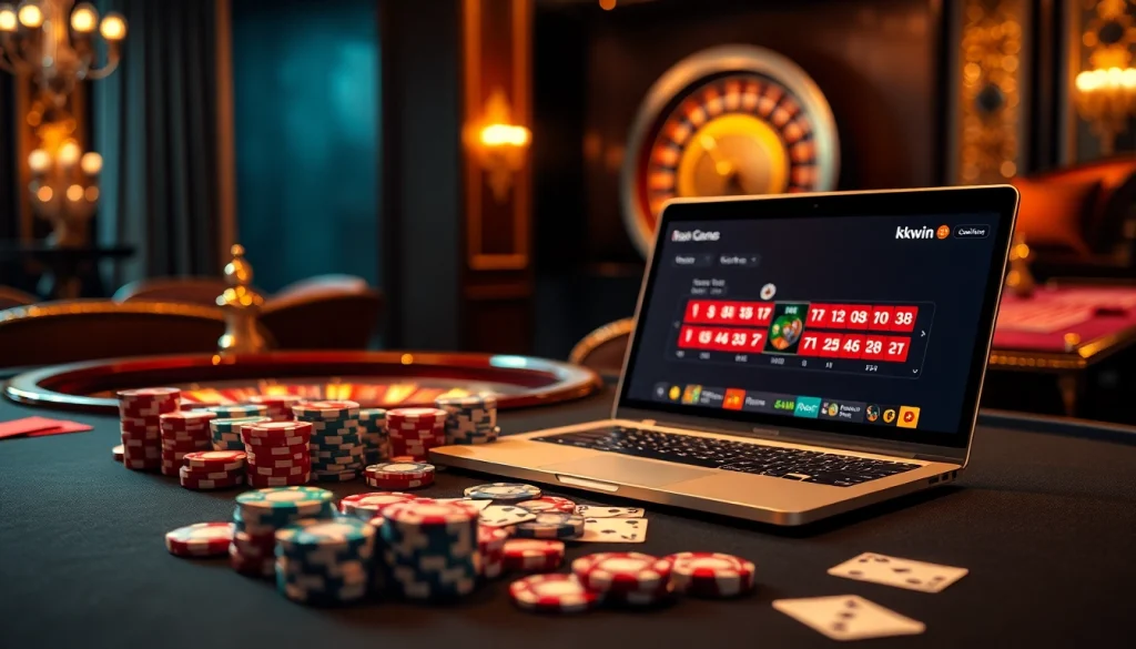 Experience the excitement of kkwin at a luxurious casino gaming table featuring vibrant poker chips and cards.