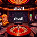 Exciting casino scene with vibrant slot machines and strategic gamblers at situs11.