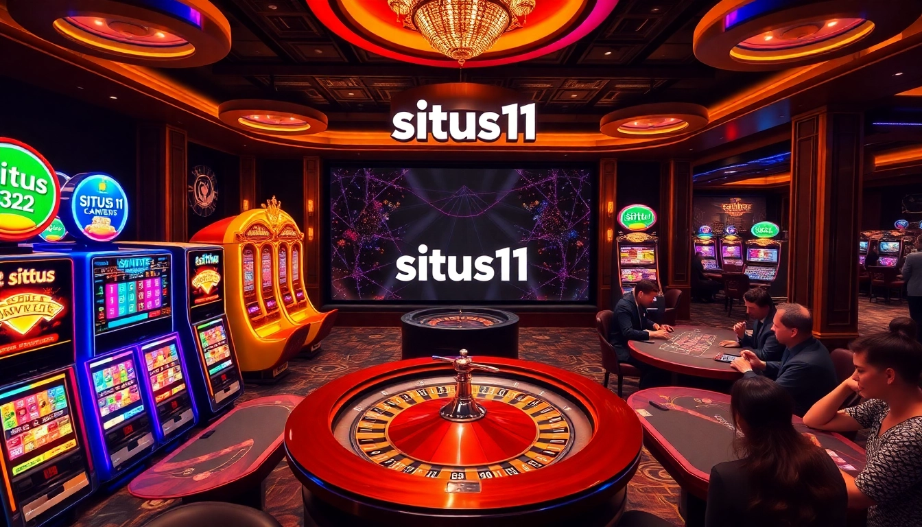 Exciting casino scene with vibrant slot machines and strategic gamblers at situs11.