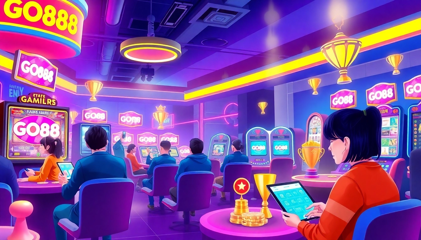 Exciting GO88 gaming environment with players enjoying diverse games and vibrant neon lights.