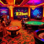 E2bet players engaging in an exciting online casino experience with poker tables and slot machines.