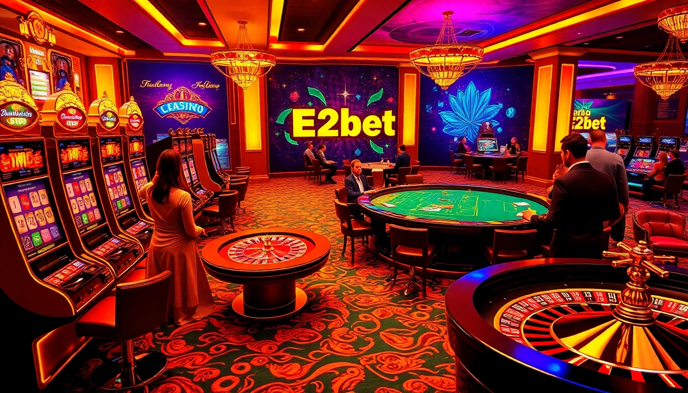 E2bet players engaging in an exciting online casino experience with poker tables and slot machines.