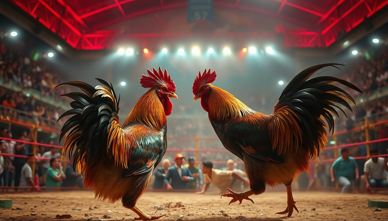 Dynamic scene of live cockfighting at sabong 67 event, showcasing vibrant arena and intense action.